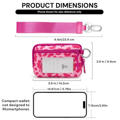 YDF Small Nylon Wristlet Wallet for Women, Minimalist Zip Keychain Coin Purse Card Case with Clear ID Window, Water-Resistant Pouch - color: Hot Pink Leopard