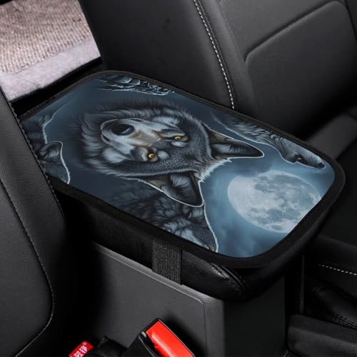 Car Armrest Cushion Soft Cover Full Moon Wolf, Tray Storage Center Console Box Pad, Protect Interior of Most Vehicles - color: Picture (73)