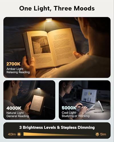 86lux Book Light, Rechargeable Clip-On LED Reading Light for Bed & Night Use - 3 Color Temperatures with Stepless Dimming, Ultralight Bookmark Design for Kids, Book Lovers, Silver - color: Silver
