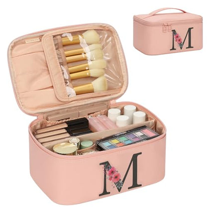 OCHEAL Initial Makeup Bag,Monogram Make up Bag Pink Travel Makeup Organizer Case Beauty Toiletry Cosmetic Bag with Brush Holder, Trendy Stuff Personalized Gifts for Women and Girls-M - color: Pink, style: M