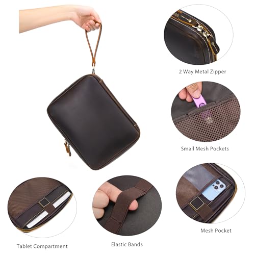 LANNSYNE Full Grain Leather Electronic Organizer Accessory Travel Tech Pouch, Cable Accessories Bag, Storage Carry Case for Charger, Phone, Power Bank, Cables