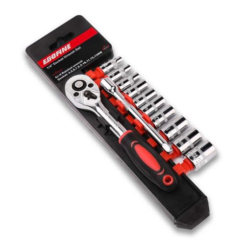 Egofine 12pcs 1/4 Inch Mini Ratchet Socket Wrench Set, Drive Socket Set with 10 Sockets (4-13mm) and 2 Way Quick Released Ratchet Handle and Extension Bar - size: 1/4, style: 12PC Standard Socket Set