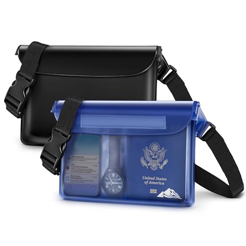 HEETA Waterproof Fanny Pack, Waterproof Pouch Dry Bag 2-Pack for Phone Passport Purse, Adjustable Waist Strap for Swimming Kayaking Boating Paddle Board Accessories Cruise Beach Camping Essentials - color: Black & Blue