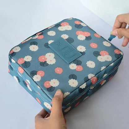 Large Capacity Travel Toiletry Bag, 9x5x4 Inch Makeup and Bathroom Organizer with Water-Resistant Fabric, Blue Floral Design