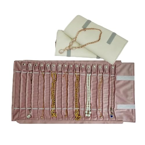 Portable Jewelry Roll Untangled Secure Necklace Travel Storage Bag Displays Holder 16 Chain (gray PU and pink) - color: gray PU and pink
