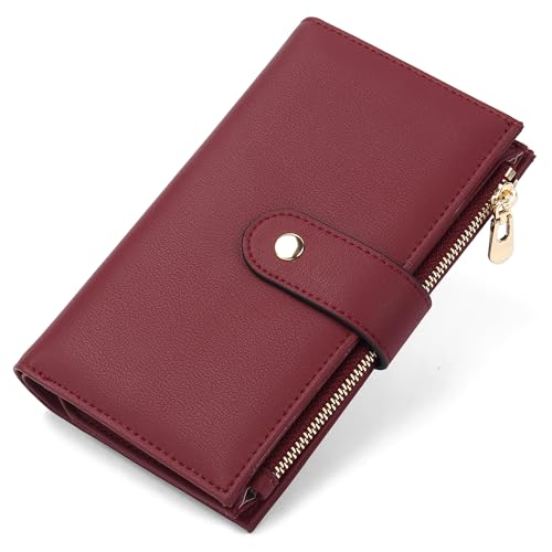 yiijay Womens Wallet RFID Blocking Leather Trifold Clutch Wallet Credit Card Holder Ladies Travel Wallet Purse with Pen Holder - color: 1Wine Red