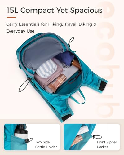 ECOHUB 15L Lightweight Packable Hiking Backpack for Travel, Small Daypack with Chest Strap & Phone Pocket, Water Resistant Foldable Backpack for Men Women - color: Pacific Teal