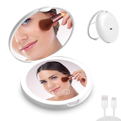 Led Travel Makeup Mirror 1x/2x Magnifying Compact Mirror with Light USB Rechargeable Small Pocket Mirror Dimmable Portable Makeup Mirror for Handbags Purses Pockets Gifts for Girls White