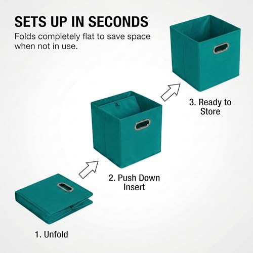 Household Essentials Fabric Storage Cubes 6 Pack – 11x11x11 Foldable Non-Woven Bins with Chipboard Sides & Grommet Handles – Stackable Cube Organizer for Closet, Nursery, Shelf, or Office – Aqua - color: Teal, size: 11” L x 11” W x 11” H