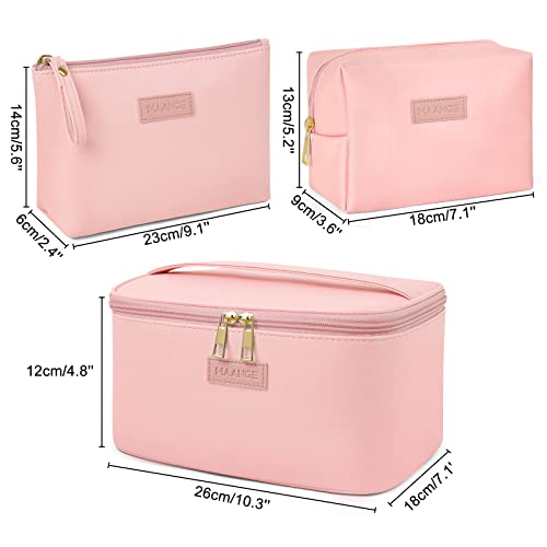 MAANGE Travel Makeup Bag - Large Makeup Bag with 2pcs Small Makeup Bag Portable Leather Cosmetic Bag Toiletry Bag Make Up Bags for Women and Girls (Pink) - color: Pink