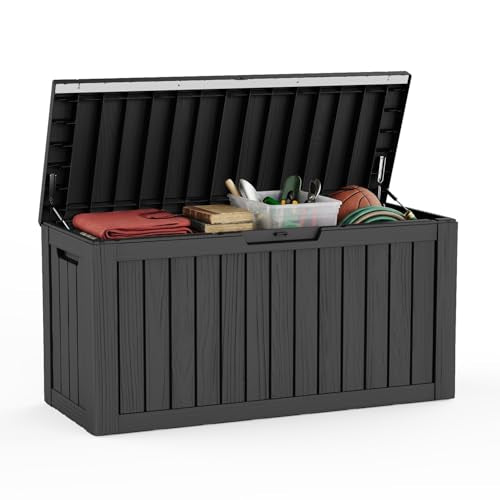 DRATO 85 Gallon Outdoor Deck Box, Weather-Resistant Resin Patio Storage Box with Hydraulic Rod, Large Capacity Storage Bin for Garden Tools, Pool Towels, Outdoor Cushions & Toys (Black) - color: Black, size: 85 Gallon