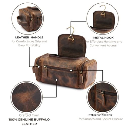 NomadCraftsCo. Medium Sized Hanging Leather Toiletry Bag for Men Women - Premium Men's Travel Bag, Dopp Kit, Leather Pouch, Mens Toiletry Bag for Travel - size: Medium