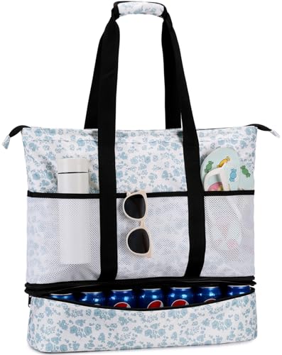 JIANYA Beach Bag Women Waterproof Sandproof Beach Tote Bags with Cooler Top Zipper Large Totes for Pool Travel Daily - color: Blue Flower
