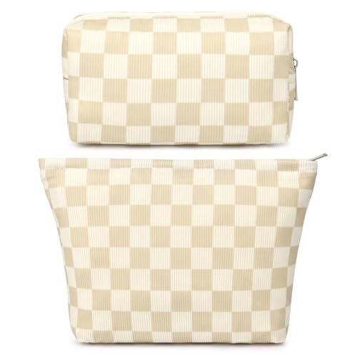 SOIDRAM 2 Pcs Checkered Makeup Bag Large Cosmetic Bag Toiletry Bag Makeup Pouch Travel Bag Organizer Cute Makeup Brushes Aesthetic Accessories Storage Bag for Women Brown Checkered - color: Brown Checkered