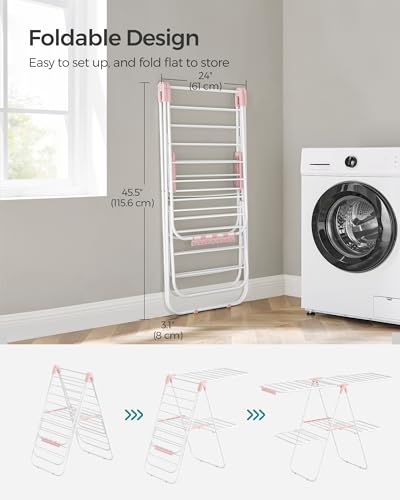 SONGMICS Clothes Drying Rack, Foldable 2-Level Laundry Drying Rack, Free-Standing Laundry Airer, with Height-Adjustable Wings, 33 Drying Rails, Sock Clips, White and Pink ULLR053P01V1 - color: White + Pink, size: 2 Tiers（22"d x 61.8"w x 64.3''h )