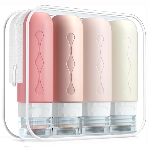 Gemice Travel Bottles for Toiletries, Tsa Approved Travel 3oz Size Containers with Clear Bag, BPA Free Leak Proof Travel Tubs Refillable Liquid Travel Accessories for Cometic Shampoo Lotion (4 Pack) - color: Cream-Powder, size: 3oz (90ml)