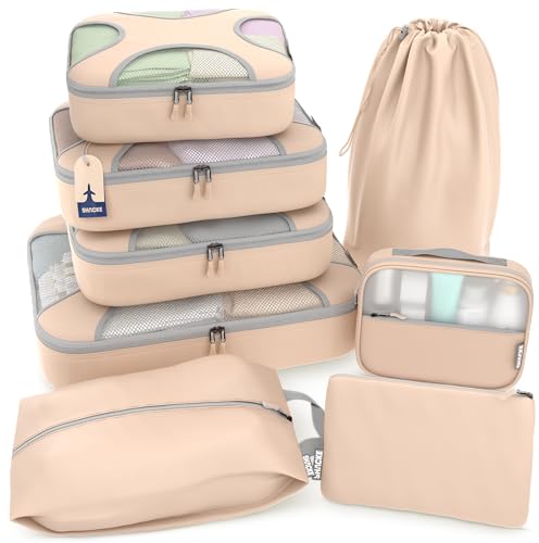 Shacke 8 Set Packing Cubes for Travel – Complete Luggage Organizer Set with Laundry, Shoe, Toiletry & Accessories Bag, Suitcase Travel Organizer (Nude Biege) - color: 8 Set - Nude Biege, size: Set of 8