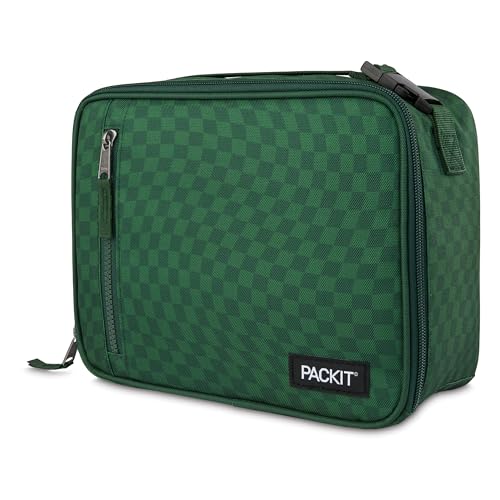 PackIt Freezable Classic Lunch Box, Checker Wave Olive, Built with EcoFreeze Technology, Collapsible, Reusable, Zip Closure With Zip Front Pocket and Buckle Handle, Designed for Fresh Lunch On the Go - color: Checker Wave Olive