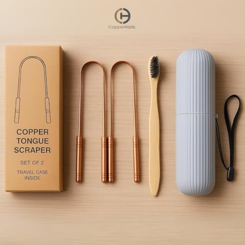 Tongue Scraper Set(2 Pack)–Pure Copper Cleaner Kit with Bamboo Toothbrush with Charcoal Bristles &Travel Case–Daily Oral Hygiene Tool for Men&Women,Reduce Bad Breath,Tongue Scrubber - color: Copper