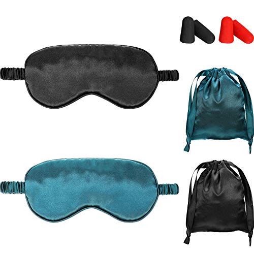 Silk Satin Sleeping Mask Eye Mask Set Include 2 Blindfold Eyeshade Elastic Strap Double Layer Silk Filling Eye Cover 2 Ear Plugs 2 Storage Bags for Women and Men Sleep Travel Nap (Black, Dark Green) - color: Black, Dark Green