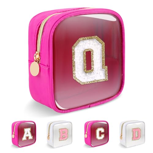 Personalized Initial Letter Clear Preppy Makeup Bag,Mini Nylon Chenille Letter Cosmetic Bag Cute Zipper Pouch Coin Purse for Teen Girls,Portable TSA Approved Travel Essentials Bag Gift for Women,Q - color: Mini-Hot Pink, size: Q