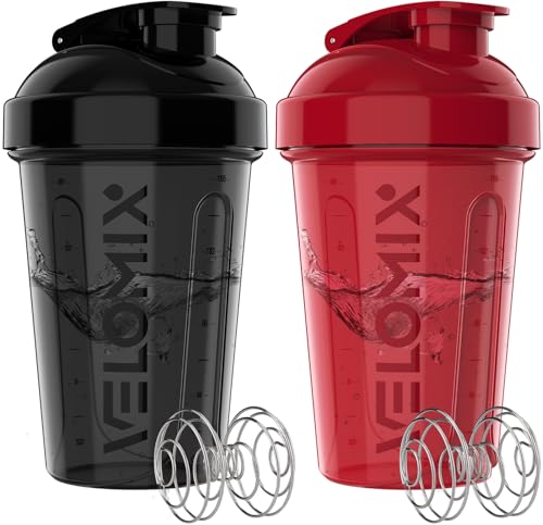 VELOMIX -2 Pack- 20 oz Protein Shaker Bottles for Protein Mixes - 2x Wire Whisk | Leak Proof Shaker Cups for Protein Shakes and Pre Workout | Protein Shaker Bottle Pack (A3) Black/Red - color: A3) Black / Red