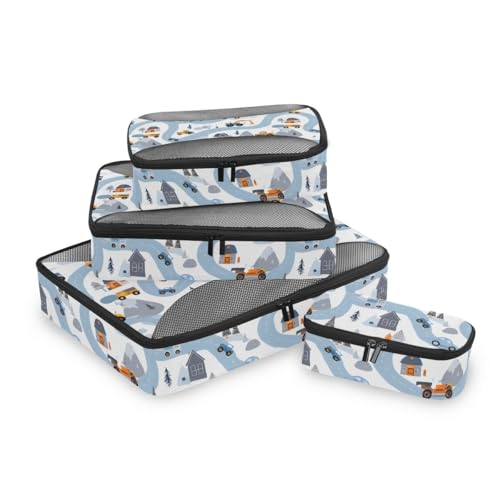 Blue Road Vehicle Compression Packing Cubes for Travel Luggage Suitcase Packing Organizers Bags Carry On Lightweight 4 Set