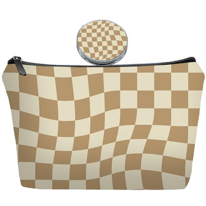 Light Brown Checkered Gifts for Women Unique Brown Plaid Travel Makeup Bag Set with Mirror, Cosmetic Pouch Set for Checkered Lovers & Mom - color: Checkered Light Brown-2S