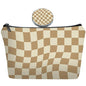 Light Brown Checkered Gifts for Women Unique Brown Plaid Travel Makeup Bag Set with Mirror, Cosmetic Pouch Set for Checkered Lovers & Mom - color: Checkered Light Brown-2S