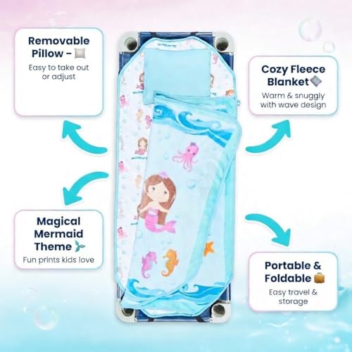 EVERYDAY KIDS Cute Preschooler and Toddler Cot Nap Mat for Home, Daycare, Preschool and Kindergarten; Easy to Roll Sleeping Mat with Elastic Straps, Pillow and Blanket - color: Mermaid Cot Nap Mat