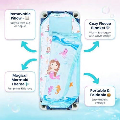 EVERYDAY KIDS Cute Preschooler and Toddler Cot Nap Mat for Home, Daycare, Preschool and Kindergarten; Easy to Roll Sleeping Mat with Elastic Straps, Pillow and Blanket - color: Mermaid Cot Nap Mat