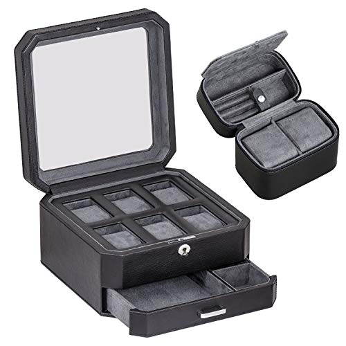 ROTHWELL Gift Set 6 Slot Leather Watch Box and 2 Watch Travel Case - Luxury Case Organizer, Microsuede Liner, Locking Mens Jewelry Watches Holder, Storage Boxes Glass Top (Black/Grey Gift Set) - color: 6 Slot - Black/Grey Gift Set