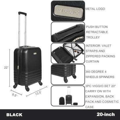 Bioworld Viggio 3-Piece Black Luggage Set - style: Viggio 3-pc Black
