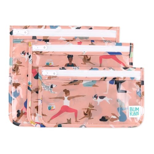 Bumkins Travel Bag, Toiletry, TSA Approved Pouch, Zip Bag, Quart Size Airline Compliant, Clear-Sided, Baby, Diaper Bag Organization, Makeup, Accessories, Carry On Packing, Set of 3 Sizes, Yoga Pals - color: B7 Yoga Pals, style: Bumkins