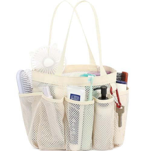 Fammart Mesh Shower Caddy Portable for College Dorm Room Essentials, Odorless Polyester Large Shower Tote Bag with Dual Handles, 8-Pocket Quick-Dry Toiletry Organizer for Travel, Beach, Camping, Gym - color: Multiple Pockets - Beige