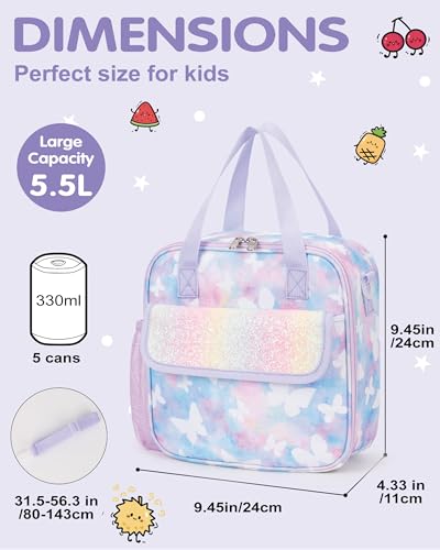 Butterfly Pattern Kids Lunch Bag with Adjustable Shoulder Strap Keeps Food Hot or Cold 5L Capacity Side Water-bottle Holder Waterproof Toddler Insulated Lunchbox for School Travel Picnic - color: Butterflies