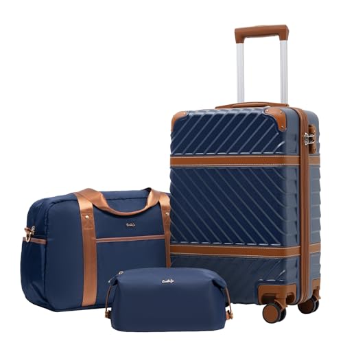 Coolife Luggage Set Suitcase Carry On Luggage PC Hardshell Luggage TSA Lock Spinner Wheels Telescopic Handle - color: Navy, size: 3 piece set (DB/TB/20)