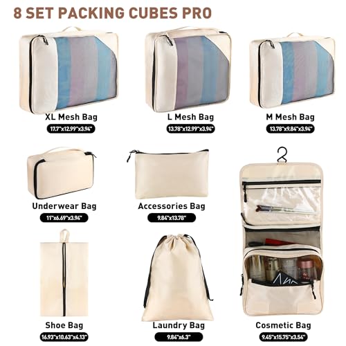 Toncoke 8-Piece Packing Cubes for Travel, 2026 Upgraded Durable Zippers & Reinforced Mesh, Complete Luggage Organizer Set with Shoe/Toiletry/Laundry Bags, 4 Sizes for Suitcase, Men Women, (Beige) - color: Beige
