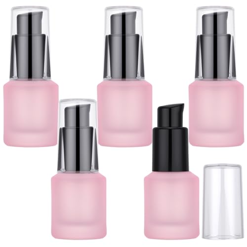 Segbeauty 0.5oz Frosted Glass Lotion Pump Bottles, 5pcs Refillable Empty Travel Size Bottles for Lotions, 15ml Pink Glass Small Travel Containers for Creams, Mini Hair Oil Bottle Pump Dispenser - color: Pink, style: 5pcs 0.5oz
