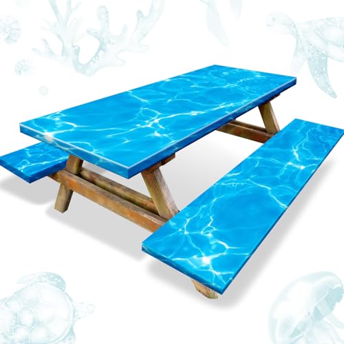 Boao 3 Pcs Vinyl Picnic Table Cover with Bench Cover 6 ft 30 x 72 Inch Waterproof Fitted Tablecloth Flannel Backing Rectangular Elastic Edged for Camping Outdoor Patio Travel(Seawater) - color: Seawater