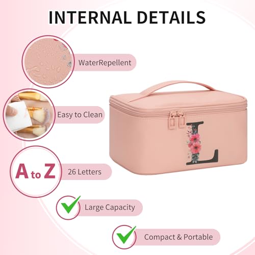 OCHEAL Initial Makeup Bag,Monogram Make up Bag Pink Travel Makeup Organizer Case Beauty Toiletry Cosmetic Bag with Brush Holder, Trendy Stuff Personalized Gifts for Women and Girls-L - color: Pink, style: L