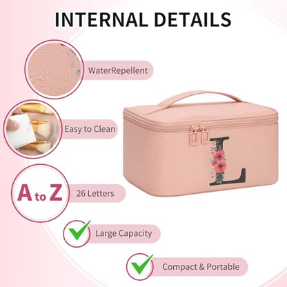 OCHEAL Initial Makeup Bag,Monogram Make up Bag Pink Travel Makeup Organizer Case Beauty Toiletry Cosmetic Bag with Brush Holder, Trendy Stuff Personalized Gifts for Women and Girls-L - color: Pink, style: L