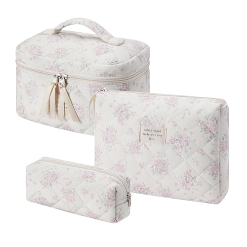 uekeboag Large Travel Quilted Makeup Bag for Women, Floral Cotton Cosmetic Bag, Coquette Aesthetic Floral Toiletry Organizer Bag - color: 3Pcs PinkRose