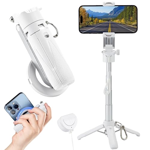 MQOUNY for Magsafe Tripod Stand for iPhone,Portable Pocket Size Selfie Stick with Rechargeable Remote and Metal Ring,Extendable Detachable Cell Phone Tripod Compatible with iPhone/Android (White) - color: White