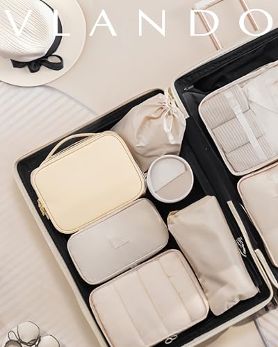 VLANDO Travel Makeup Bag,Portable Cosmetic Bag Makeup Case Organizer, Makeup Bag with Adjustable Dividers for Women,Girls,Wedding,Cosmetic Brushes,Toiletry,Gifts,Anniversary-Beige - color: B.White-Medium