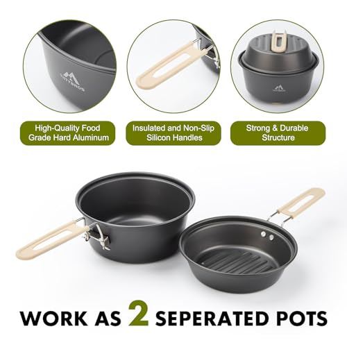 THTYBROS 17pcs Camping Cookware Kit, 0.45Gal Pot, 7inches Pan,0.30Gal Kettle Set with 2 Set Stainless Steel Cups Plates Forks Knives Spoons for Hiking - size: 15 PCS with Stove