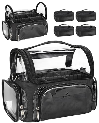 NAONAYA Makeup Brush Bag With 4 Mini Pouches, Makeup Brush Holder Professional Makeup Artist Travel Case Clear Waterproof Cosmetic Organizer Bag, with Adjustable Strap and Dividers - color: clear with 4 mini bags, size: S