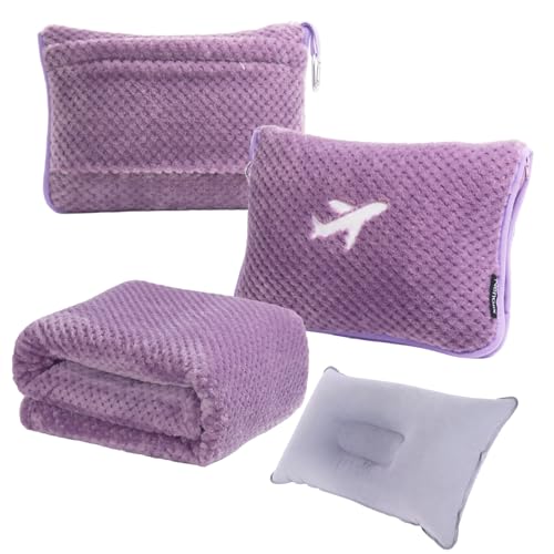 3 in 1 Travel Blanket Pillow Set - 350 GSM Thick Travel Blanket Airplane Compact with Bag, Soft Bag with a Pocket, Inflatable Travel Pillow for Camping & Car Trip (Violet) - color: Violet