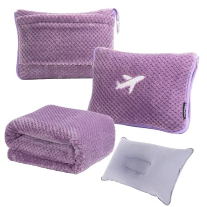 3 in 1 Travel Blanket Pillow Set - 350 GSM Thick Travel Blanket Airplane Compact with Bag, Soft Bag with a Pocket, Inflatable Travel Pillow for Camping & Car Trip (Violet) - color: Violet