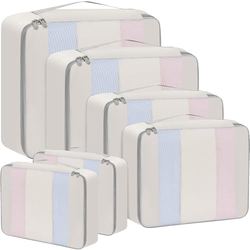 BAGAIL 6 Set/8 Set/10 Set Packing Cubes Various Sizes Packing Organizer for Travel Accessories Luggage Carry On Suitcase - color: 06-Beige, style: 6 Set-middle Mesh